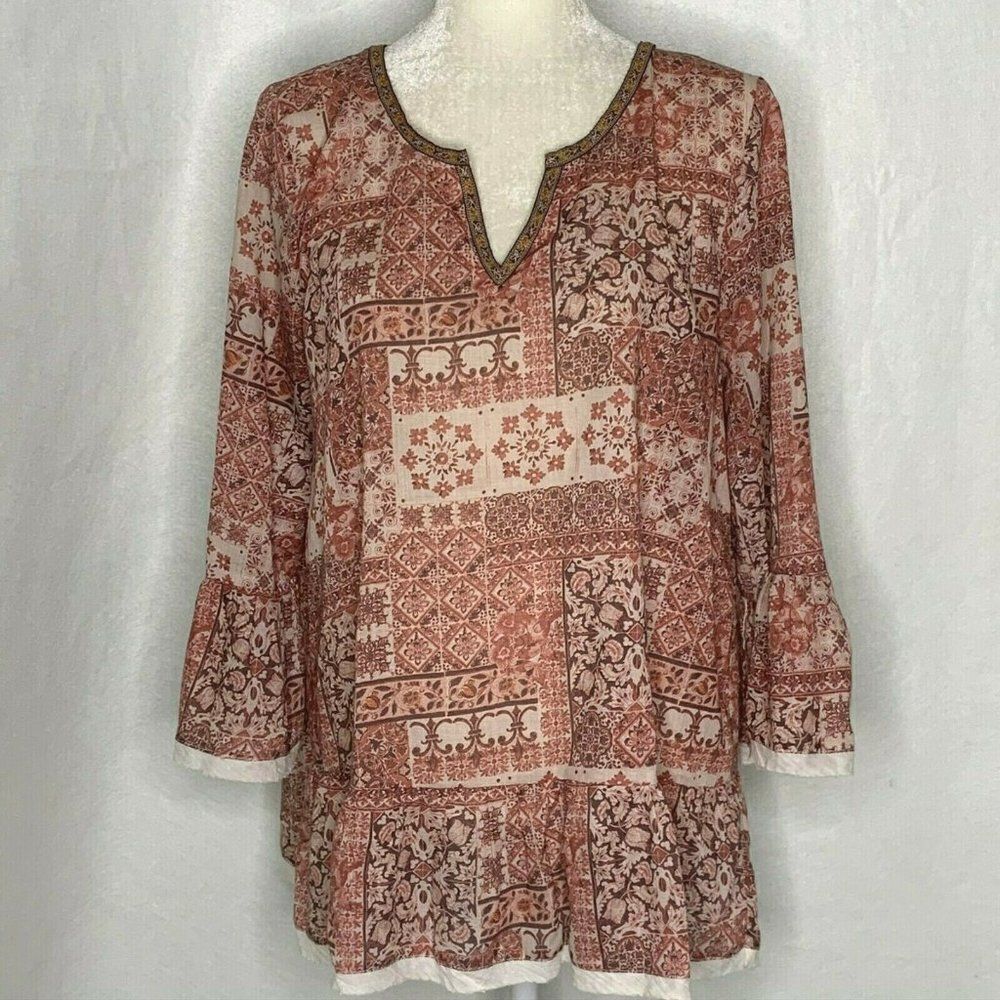 Hem Thread Floral Tunic Top L Mauve Bell Sleeve